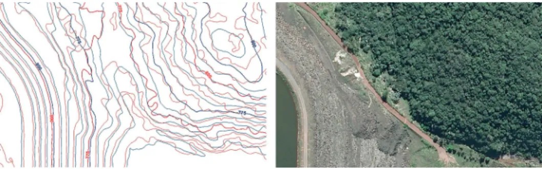 Figure 2 On the left, contour  lines generated by DTM ALS  (blue) and by RPAS (red); on the right,  the ortho-image of the same local, so as  to allow a view of the different contexts.