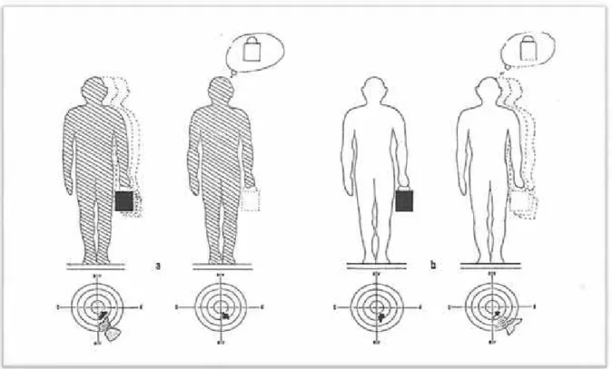 Figura 18 - Ilustração dos resultados da experiência de equilíbrio e imaginação: (a) atletas mostram  uma mudança de equilíbrio apenas enquanto um peso está sendo carregado realmente; (b) atores, acostumados a imaginar gestos e ações, mostram mudança de eq