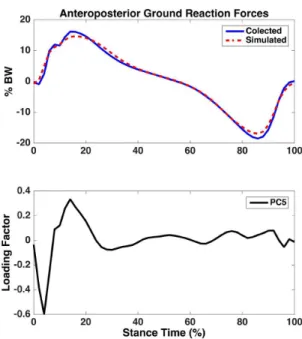 Figure 1. Vertical Ground Reaction Forces. The black continuous line  represents the collected signal and the magenta dashed line represents  the simulated signal