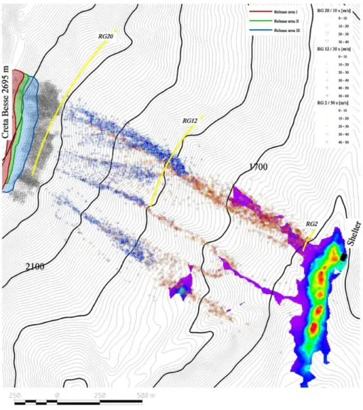 Fig. 1. Map of investigation area show- show-ing i) the velocities at RG 20, RG 12 and RG 2, ii) the release areas and iii) the avalanche deposition (red &gt; 9 m).