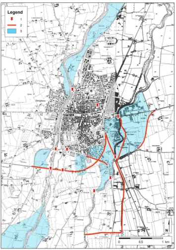 Fig. 8. The most flood-hazard points and flooding-prone areas around the city. (1) Possible overflow points; (2) non-natural  obsta-cle to water flow (roads, railways) and artificial channels; (3)  pos-sible flooded area