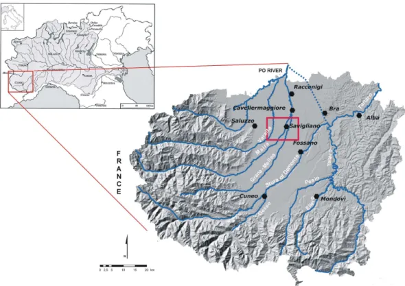 Fig. 1. The Cuneo plain with the main hydrographic network, the main cities and studied area (red square)