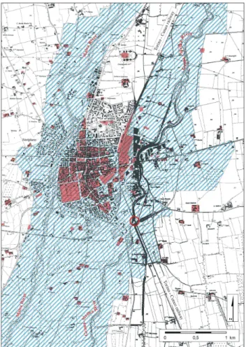 Fig. 3. Flooded area in May 2008 event (oblique green and blue lines). In the map the districts usually affected by flood are  indi-cated (Borgo San Giovanni, Borgo Marene, Borgo Pieve, and Borgo Suniglia)