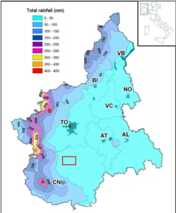 Fig. 4. Piedmont Region and total rainfall event of May 2008 (ARPA Piemonte, 2008, modified)