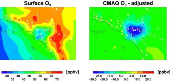 Fig. 4. Surface O 3 concentrations from the baseline CMAQ with baseline emissions, BASE2009 (left panel), and EPA AQS measurements (circles on the left panel), the difference between the surface O 3 of the baseline CMAQ with BASE2009 and CMAQ with GOME-2-a