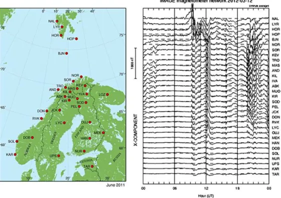 Figure 10. The X-components (northward components) of the geomagnetic field obtained from the IMAGE magnetometer network observa- observa-tions on 12 March 2012 (right panel)