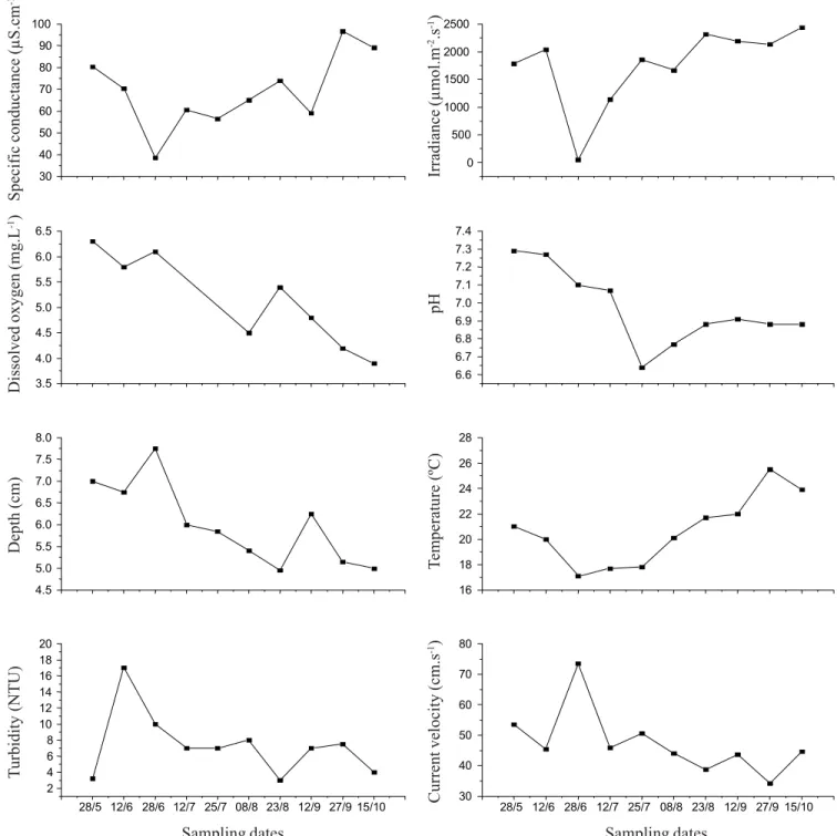 Figure 2. Temporal variation of stream variables in Talhadinho Stream throughout the study period.
