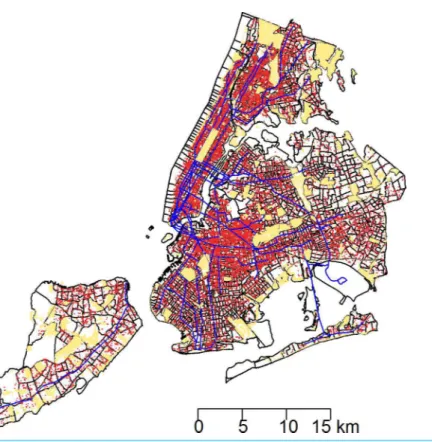 Figure 1 The 43,542 rat sightings reported to the NYC Department of Health and Mental Hygiene are plotted with an overlay of recreational public spaces and subway lines in a map of New York City census tracts