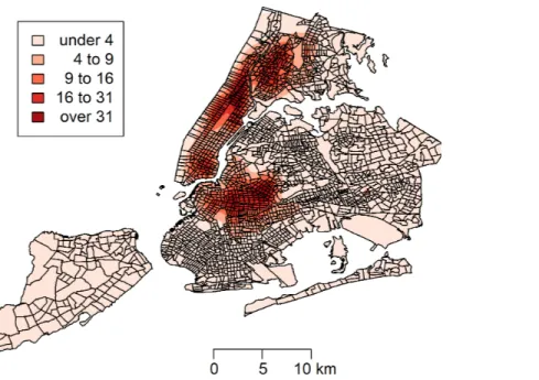 Figure 2 Kernel density estimate (KDE) of rat sightings reported to the New York City Department of Health and Mental Hygiene