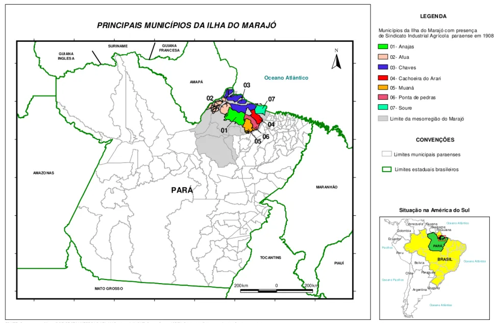 Figura 1 Municípios da Ilha de Marajó com registro de presença do Syndicato Industrial e Agrícola Paraense - 1908