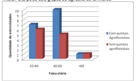 Gráfico  2:  Faixa  etária  dos  agricultores  familiares  entrevistados  no  Baixo  Irituia/Pará, pelos dois grupos de agricultores familiares