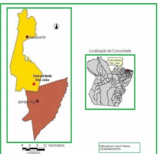 Figura 2 - Detalhes da localização da comunidade São João, onde se encontram localizadas as áreas de SAF  da pesquisa no município Marapanim, PA