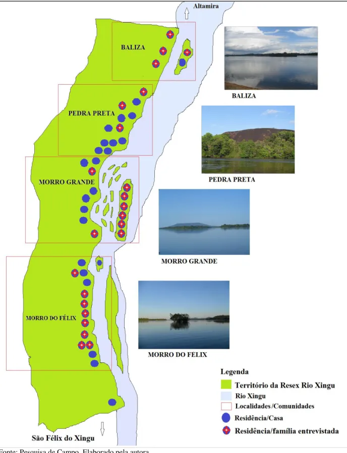 Figura  3  -  Croqui  de  distribuição  espacial  das  famílias  entrevistadas  residentes  na  RESEX  Rio Xingu