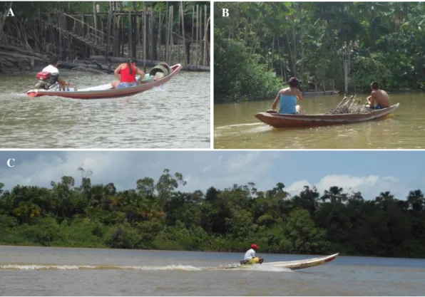 Figura 5. Embarcações nas comunidades da Ilha Sirituba: a) casal voltando da cidade em rabeta; b) mãe e filho  transportando açaí em casco; e c) ribeirinho pilotando voadeira