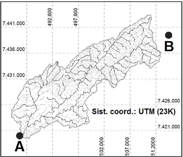 Figura 1.  Trecho estudado da Bacia do Rio Paraibuna e estações hidrológicas consideradas: A) estações  58060000 e 2345067; B) estação 2344009
