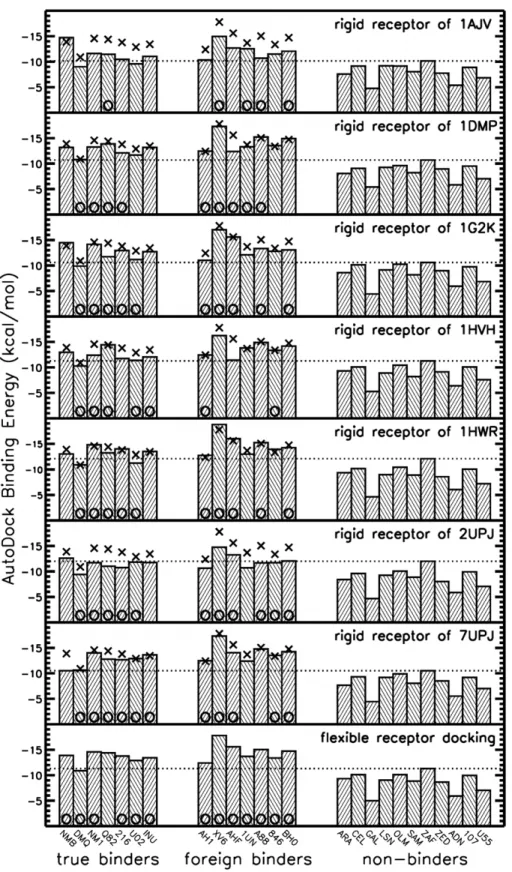 Figure 6. Binder non-binder discrimination by scoring energies. Best scoring results for docking of true, foreign and non-binders upon docking to 7 different rigid receptor structures and using flexible receptor docking (using interpolation between the 7 r