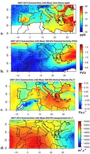 Figure 2. 2007–2012 summertime (June, July, and August) average of ozone measured by IASI (morning overpasses) and meteorological variables taken from 12 h ERA-Interim Reanalysis: