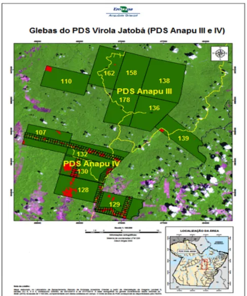 Figura  04  -  Glebas  do  PDS  Virola  Jatobá,  PDS Anapu  III  e  IV  (quadros  maiores  -  3000 ha cada) e de uso alternativo (quadros menores - 20 ha cada)