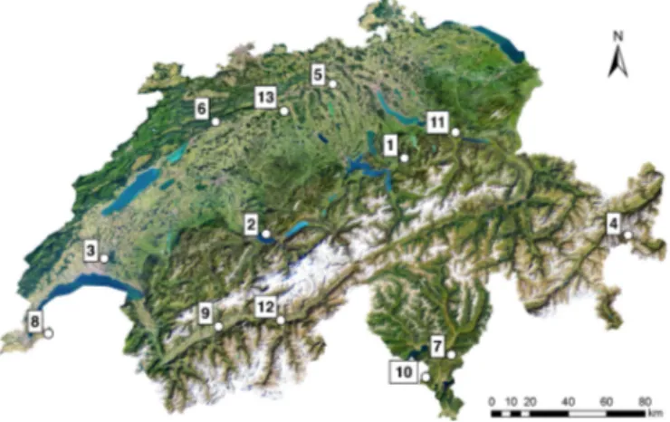Figure 1. Locations of the sampled sites within Switzerland indicated by white points