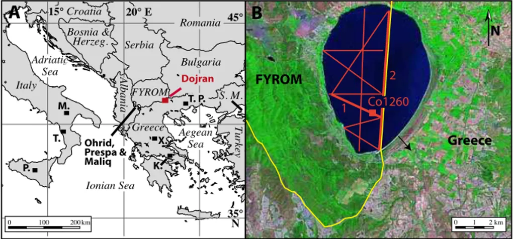 Fig. 1. (A) Locations of Lake Dojran in the northeastern Mediterranean region at the boarder of the Former Yugoslav Republic of Macedonia (FYROM) and Greece