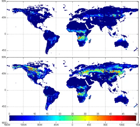 Fig. 3. CO emissions in gC m −2 yr −1 for c w = 0.2 and Emission Model 1, average 2001–2006