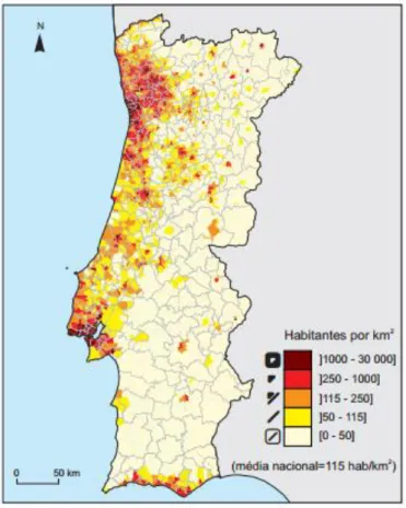 Figura 1  –  Distribuição da densidade populacional em Portugal continental, em 2011 