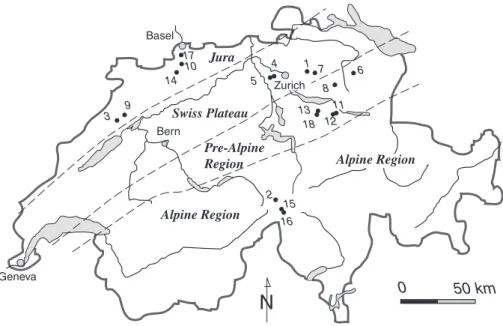 Fig. 1. Map of Switzerland with the location of the 18 sites where high intensity sprinkling experiments were performed