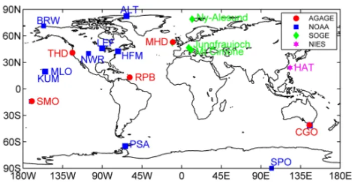 Fig. 1. Location of CH 3 Cl observing sites from different surface networks.