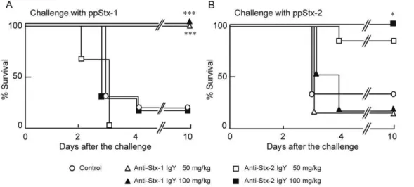 Table 4. Mortality of mice administered anti-Stx-1 IgY and anti-Stx-2 IgY after challenge with ppStx-1 and ppStx-2.
