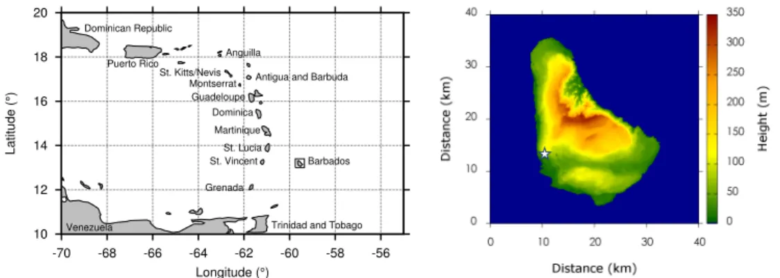 Figure 1. Left panel: part of the Caribbean including the Lesser Antilles. Right panel: topo- topo-graphical map of Barbados