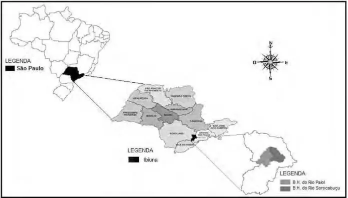 Figura 4.1. Localização do município de Ibiúna no estado de São Paulo (centro) e das  microbacias hidrográficas dos rios Paiol e Sorocabuçu