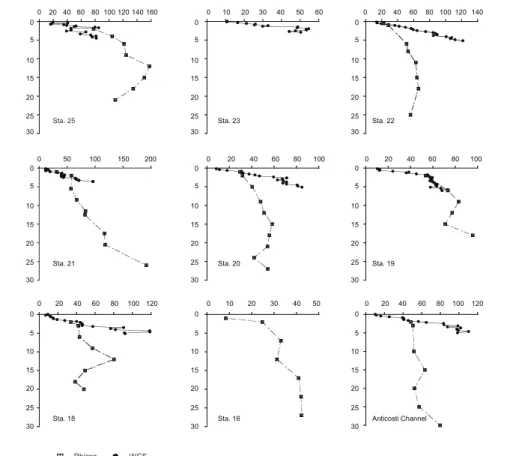 Fig. 2. Pore water profiles of dissolved organic nitrogen (DON) in the Lower Estuary and the Gulf of St