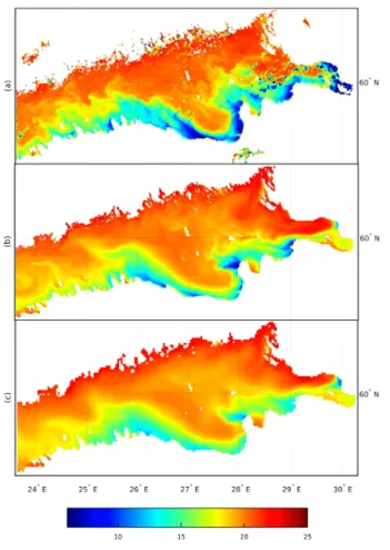 Figure 4. SST maps of GOF on 2 August 2011: (a) MODIS data, (b and c) modeled SST on grids 0.5 and 2 km correspondently.