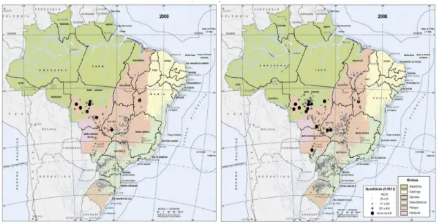 Figura 1 – Evolução da soja nos biomas no período de 2000 a 2008. 