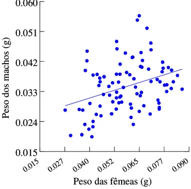 FIGURA 2. Relação entre o peso dos machos e o peso das fêmeas de D. maurus em cópula (y  = 0,024 + 0,186x)