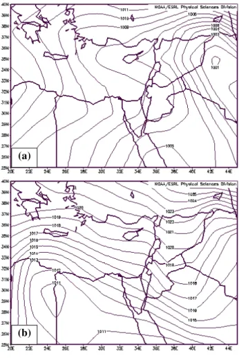Figure 1b presents the average SLP map for 7 April 2005, showing a “Sharav” cyclone located over western Egypt and a warm sector of the cyclone over Israel, which resulted in south-easterly winds that transported the dust to Israel.