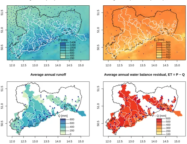 Fig. 3. Maps of long-term (1950–2009) annual average values for (a) precipitation, (b) annual potential evapotranspiration (FAO-Reference, Allen et al., 1994), (c) annual runoff and (d) the residual water budgets (E T = P − Q)