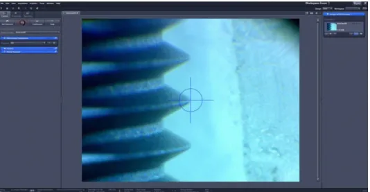 Figure 1: Optical Microscope obtained image, and vortex marking to distance  calculation