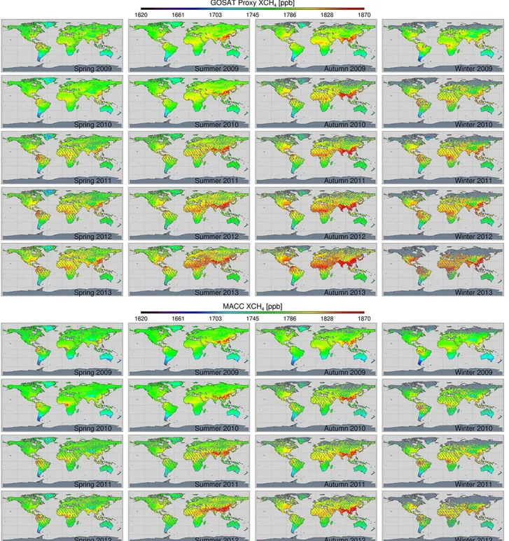 Figure 1. Seasonal global maps of the University of Leicester GOSAT Proxy XCH 4 (top) and the MACC-II (bottom) model XCH 4 data (v10-S1NOAA)