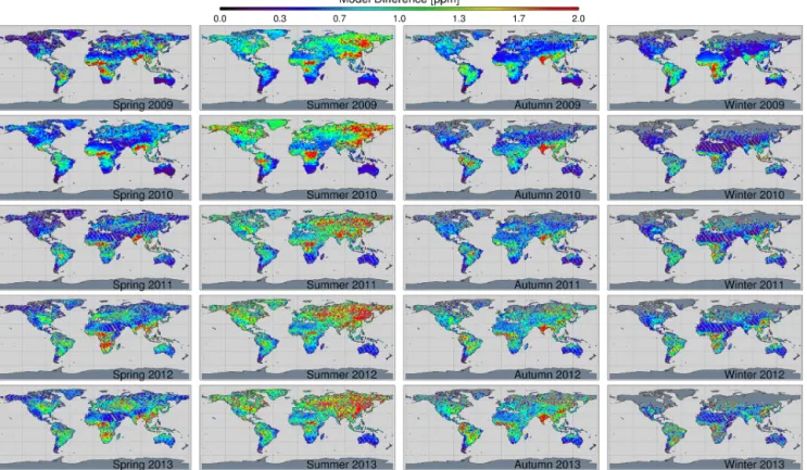 Figure 5. Seasonal maps of the model difference, defined as the maximum absolute difference of the three-model ensemble from the median.