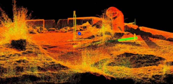 Fig. 2. Point-cloud image of weir area showing V-notch, stick gauge, and stilling well/logger housing
