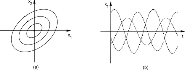 Figura 1.11: (a) plano de fase típico para autovalores imaginários; (b) comportamento típico da solução x 1 em função de t.