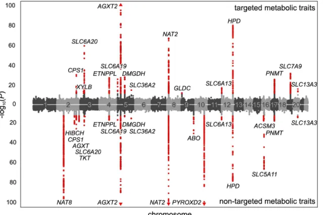 Fig 2. Manhattan plot of genetic associations to targeted and non-targeted traits. SNPs are plotted according to chromosomal location and the-log 10