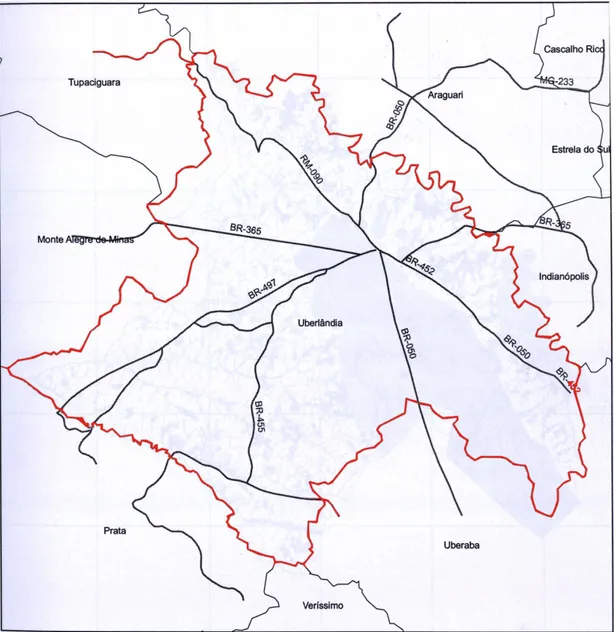 FIGURA 07: Mapa das rotas das BRs que cortam a cidade de Uberlândia  Fonte: Plano Diretor de 2006, elaborado pela Prefeitura Municipal de Uberlândia