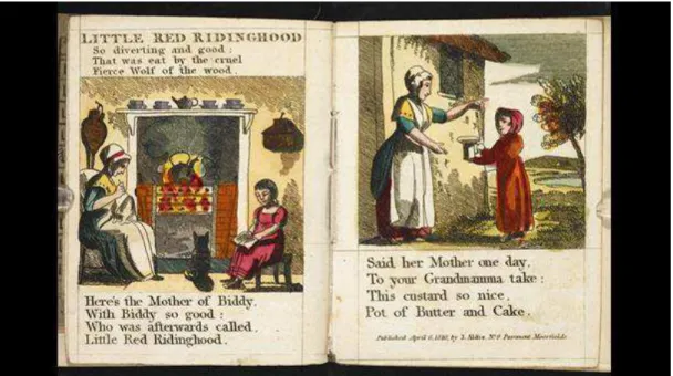 Figura 1. Chapbook: “Little Red Riding Hood” (“Chapeuzinho Vermelho”), edição de  1810  com  ilustrações  pintadas  à  mão,  trabalho  que  teria  sido  realizado  por  mulheres  ou  crianças