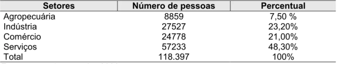 Tabela 4: Montes Claros - população ocupada por setores econômicos - 2000  Setores  Número de pessoas  Percentual 