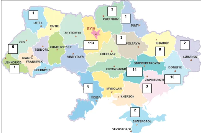Fig. 3. Concentration of banks by regions of Ukraine, as of March 2012 (National Bank of Ukraine, 2011)  Source: [13]