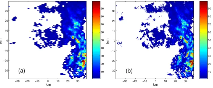 Fig. 1. Example of precipitation fields measured by Mount Settepani radar. Panel (a) shows a 1 km×1 km field (low-resolution) while in panel (b) the corresponding high-resolution (300 m×300 m) precipitation map, is presented