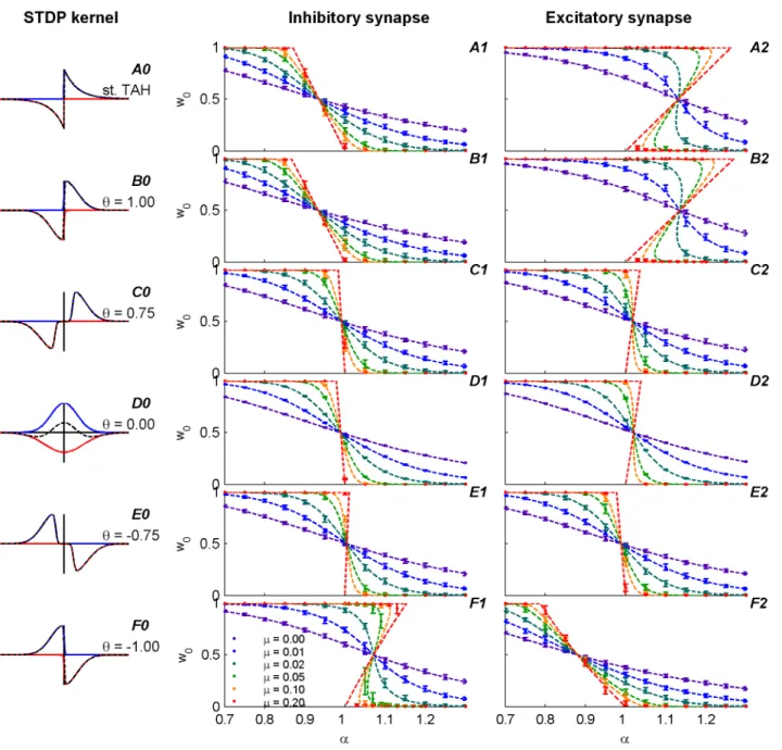 Figure 5. The fixed point solution (w  ) of equation (12) (dotted lines), is compared to the asymptotic synaptic weight (w 0 ) (circles), of a single synapse learning dynamics for various learning rules as defined by equation (5)