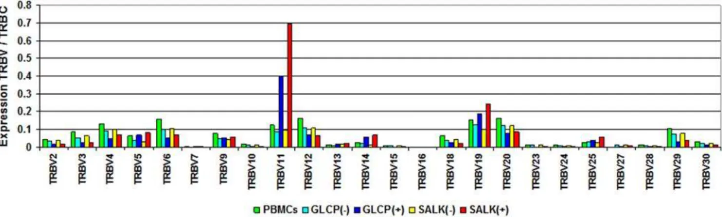 Figure 4. Expression of effector T-cell markers of B19V NS1-specific T-cells. The bars indicate marker expression (normalized to CD3d in non-selected PBMCs) compared with positively and negatively selected GLCP and SALK reactive T-cells enriched using the 